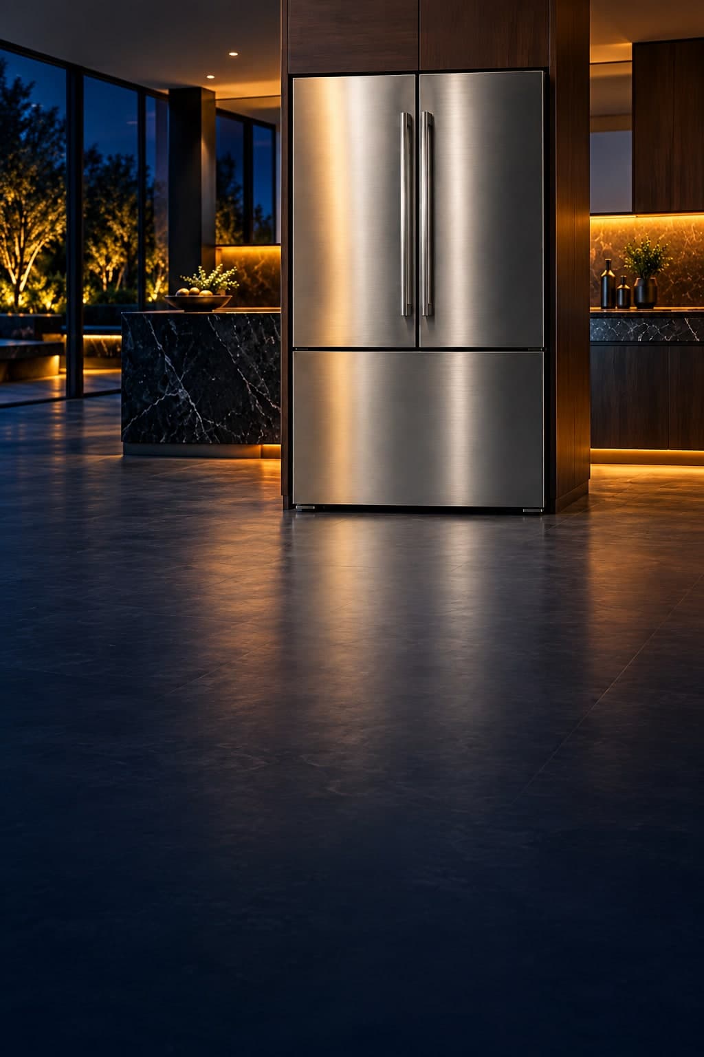 Cozinha elegante à noite com uma geladeira de inox em destaque