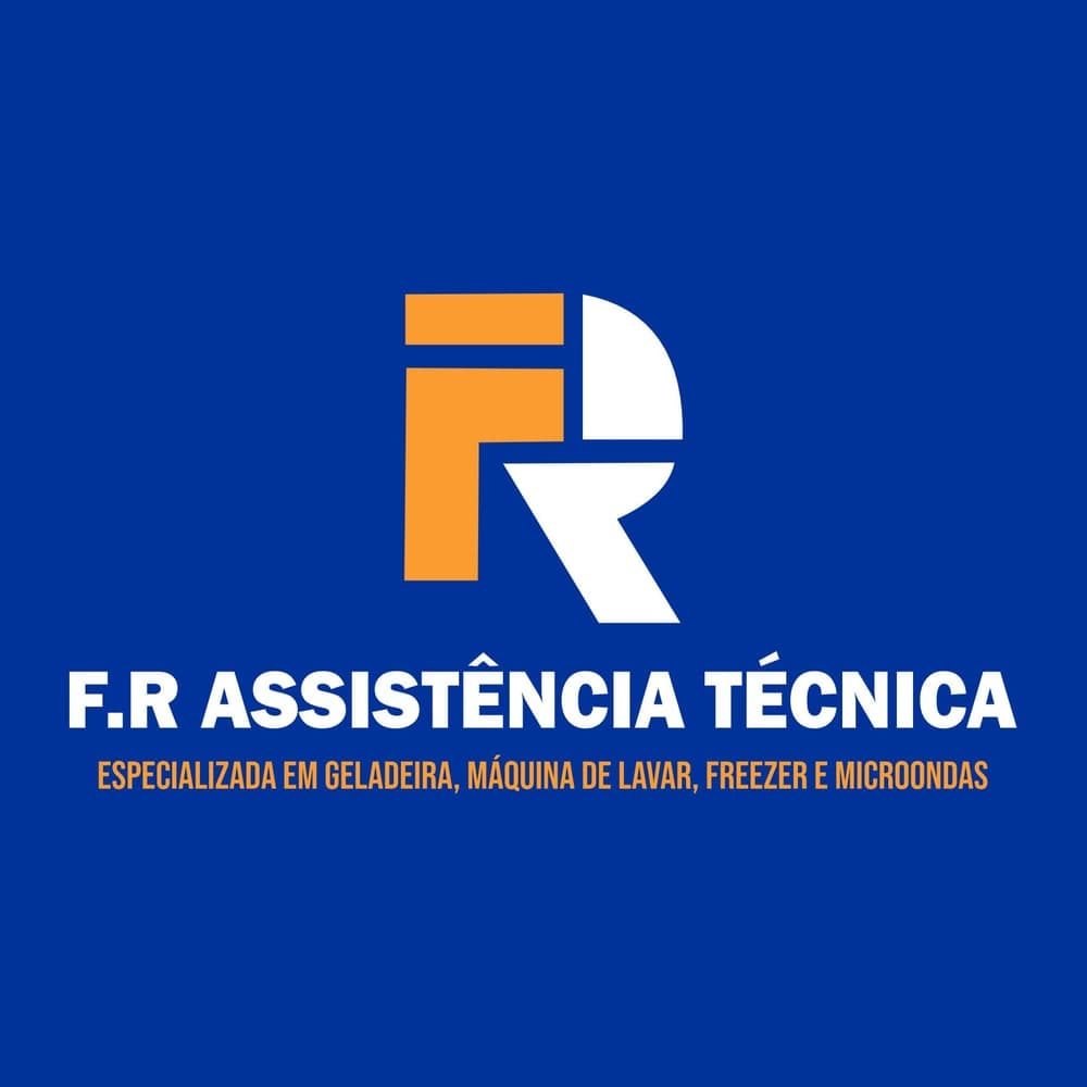 Logo da F.R Assistência Técnica: monograma FR em laranja e branco sobre azul